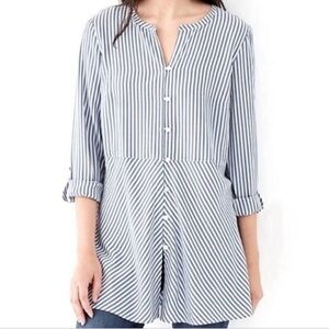 J. Jill Striped Button Front Tunic V-neck Roll Tab Sleeve Women XL White